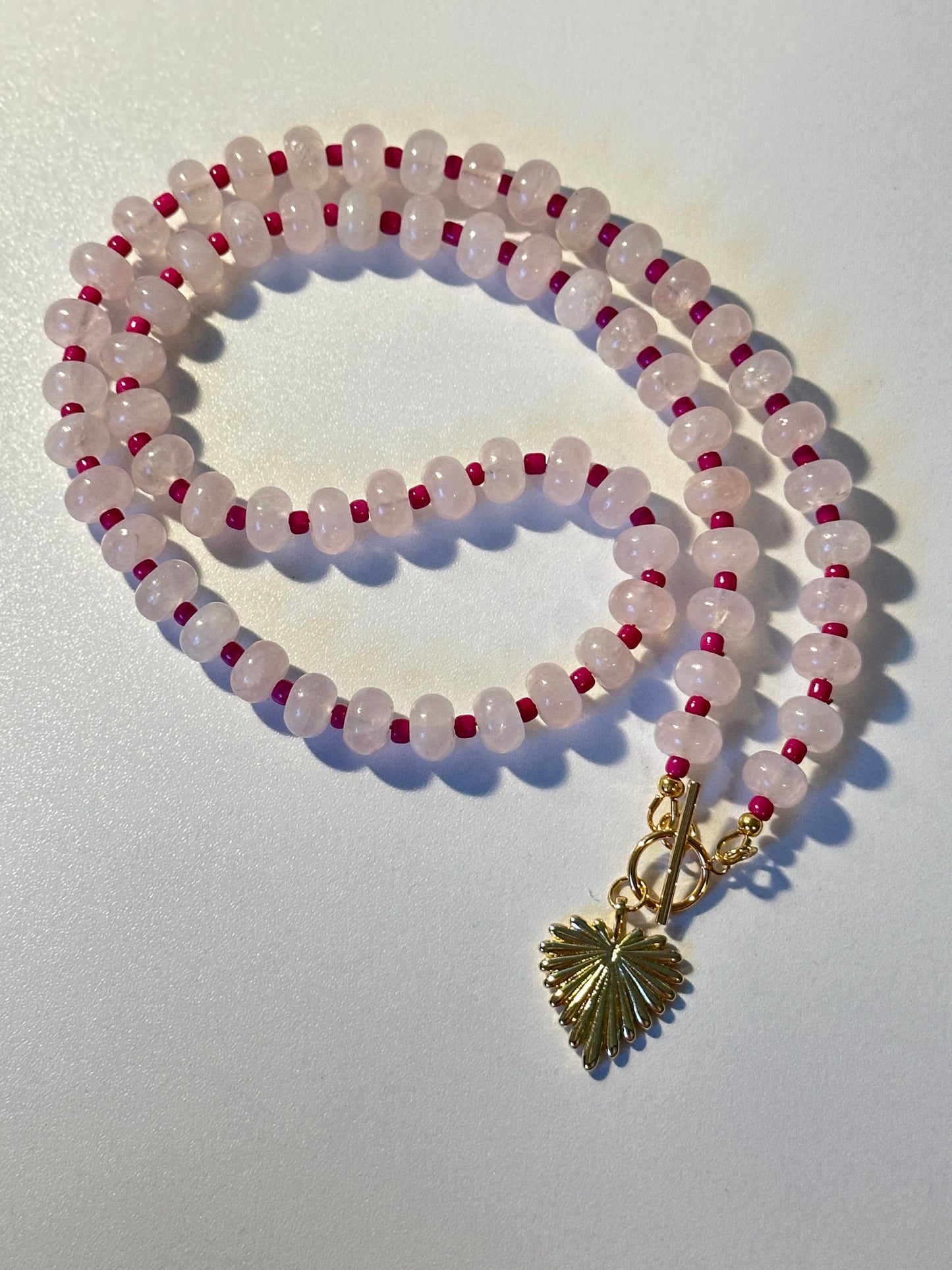 8mm Pink Quartz & Fuchsia Spacers with Small Heart Charm