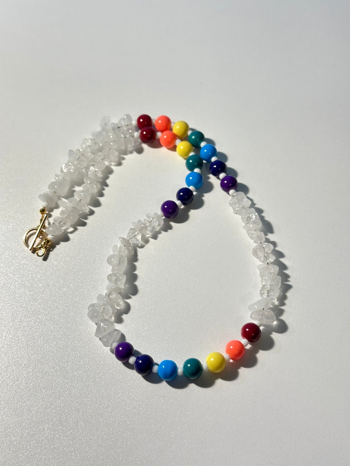 White Quartz Chip Necklace – Rainbow Glass Beads & White Spacers