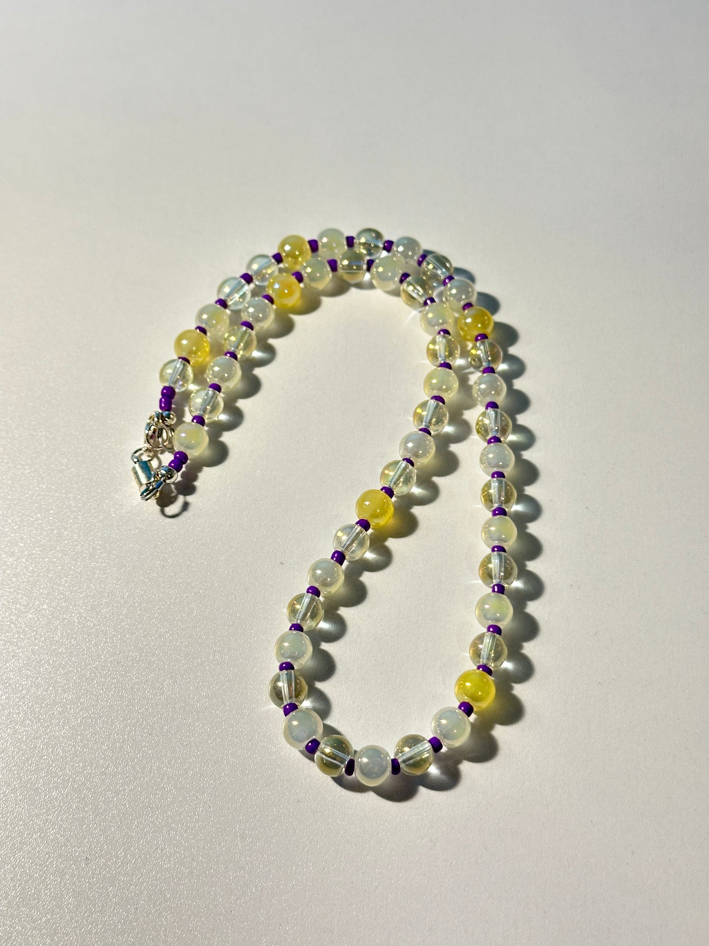 Yellow & Clear Glass Necklace – Purple Spacers, Silver Magnetic Clasp