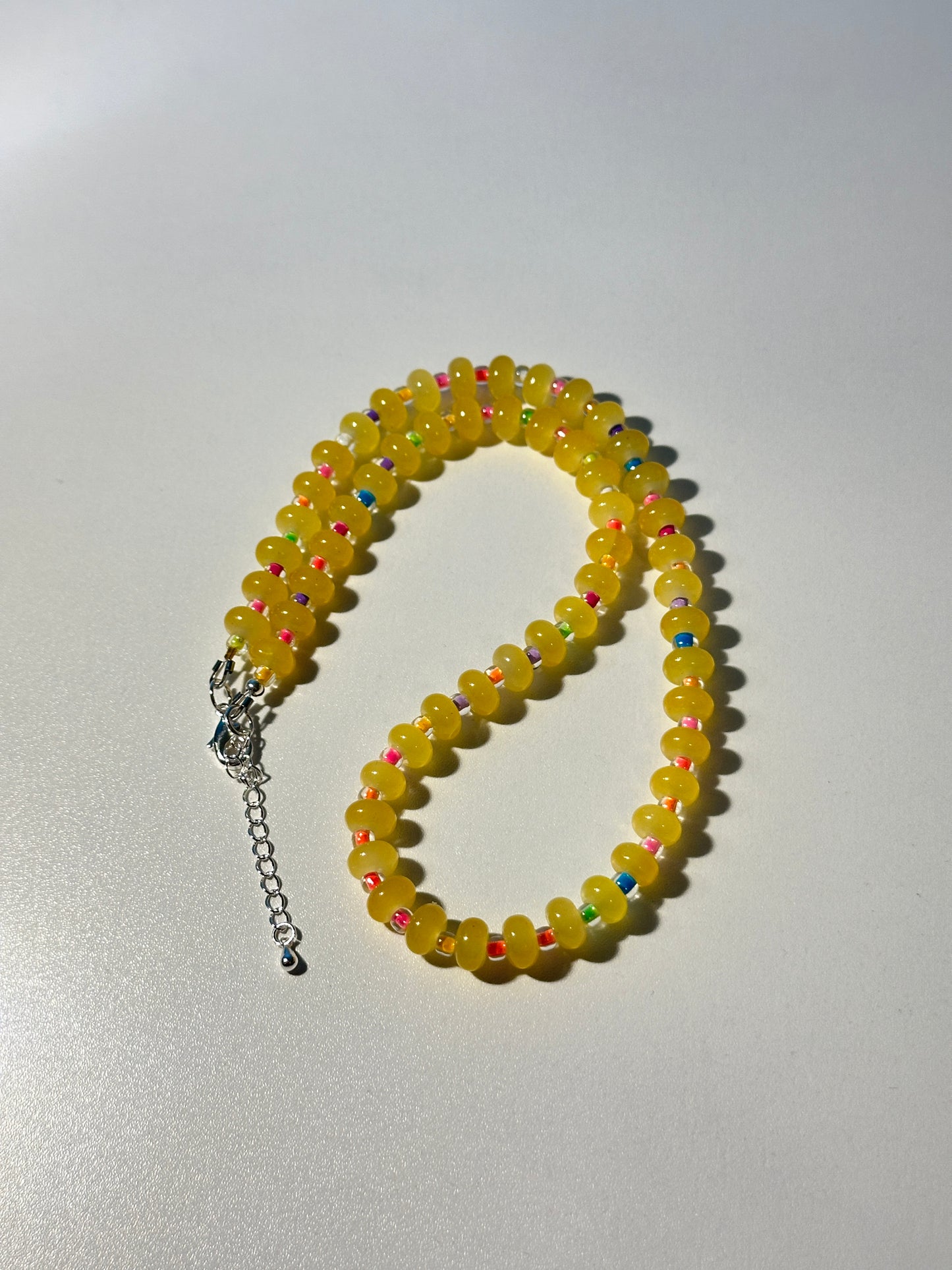 Yellow Glass Rondelle Necklace – Rainbow Seed Beads, Silver Clasp