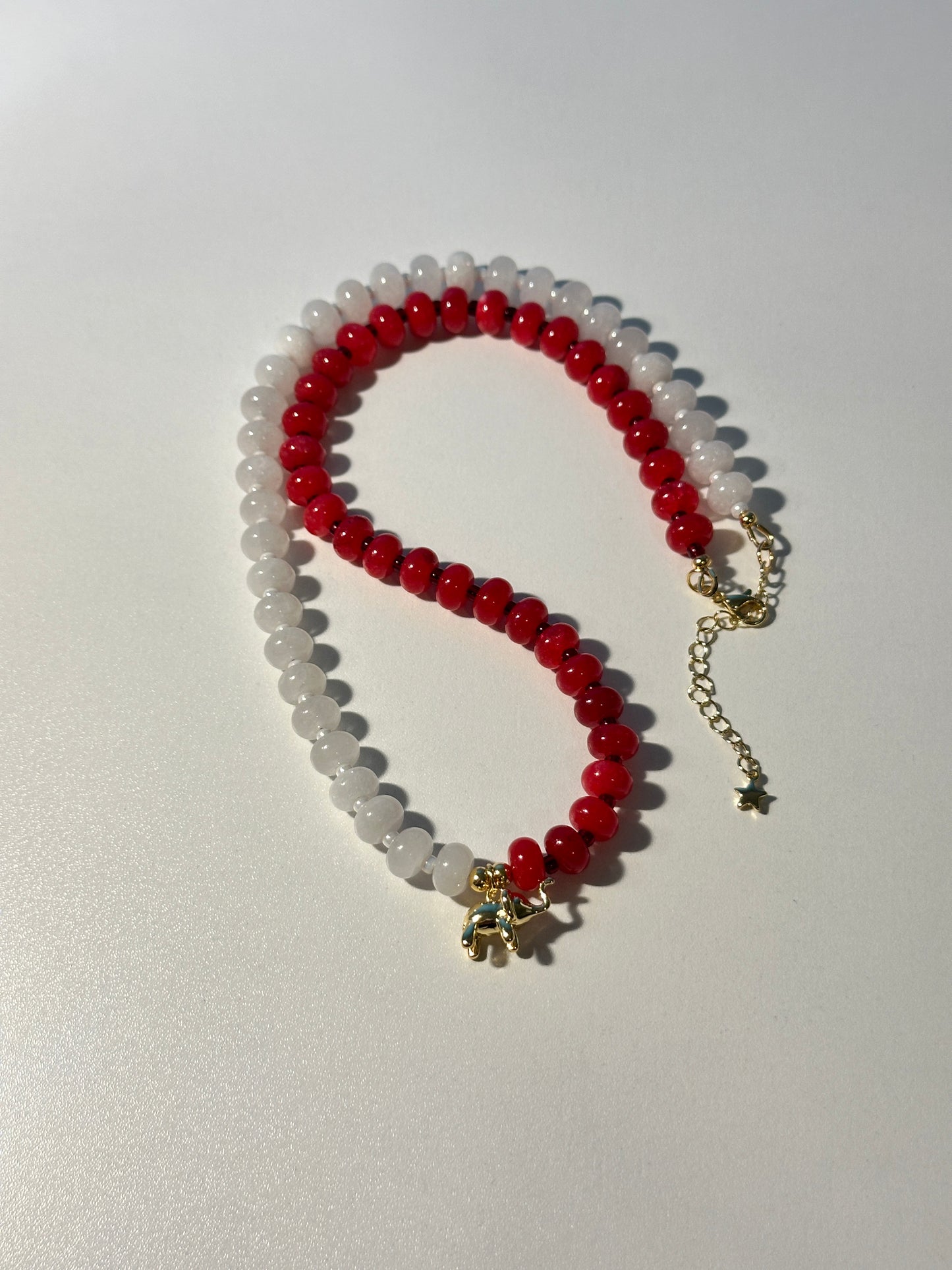 Red & White Jade Necklace – Gold Elephant Charm, Gold Clasp