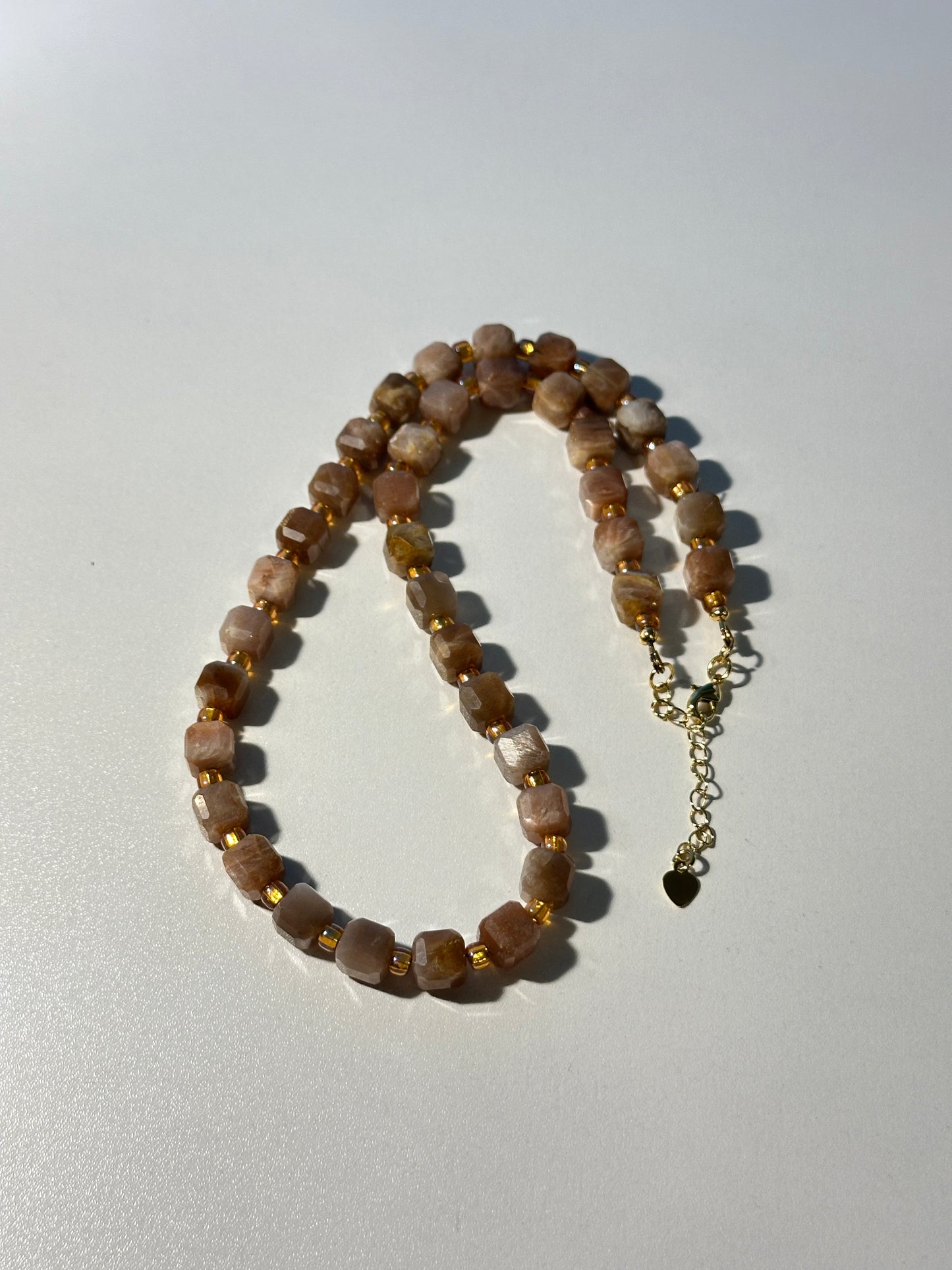 Sunstone Cube Necklace with Clear Spacers – Gold Clasp