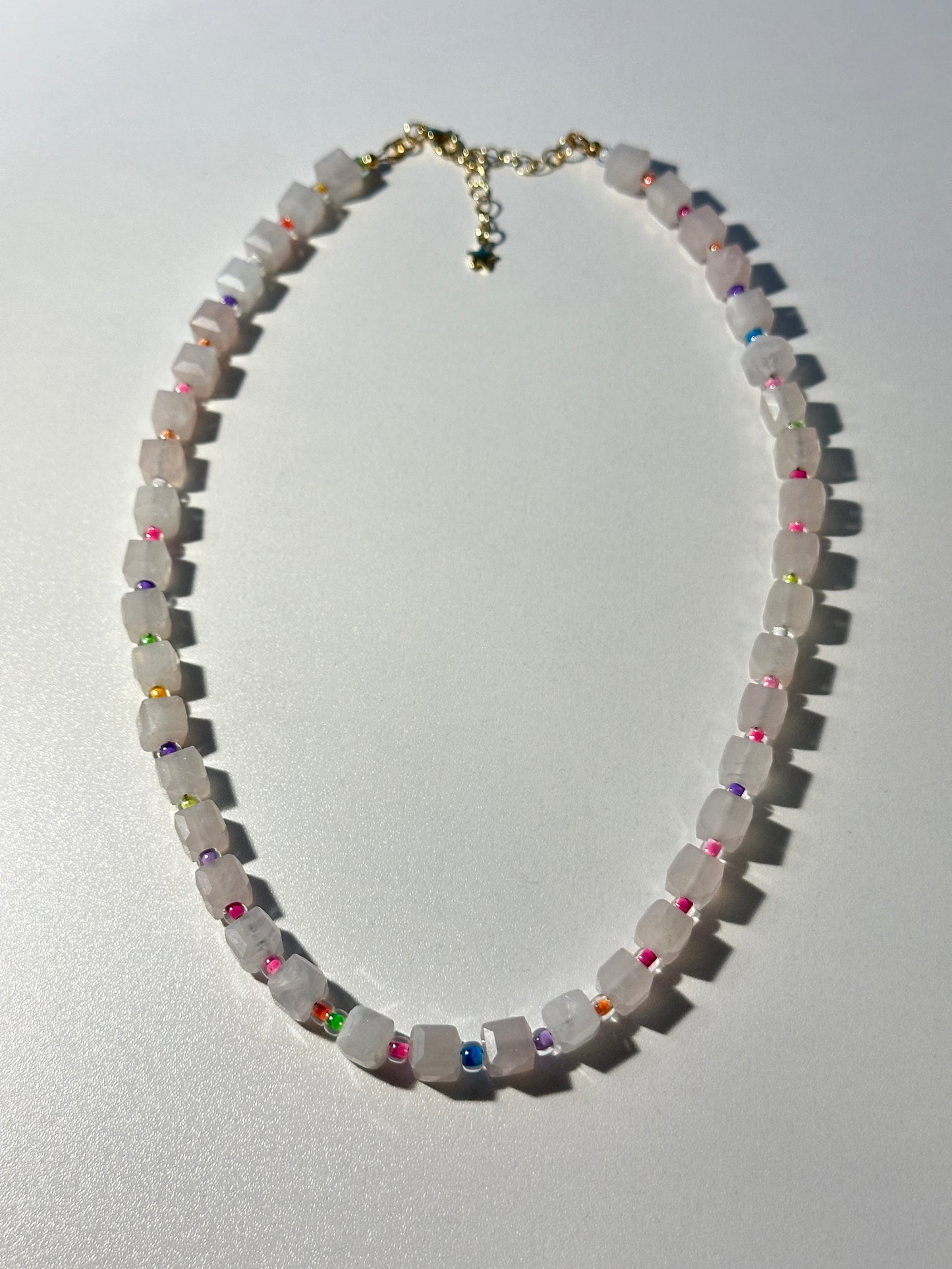 Rose Quartz Cube Necklace with Rainbow Spacers – Gold Clasp