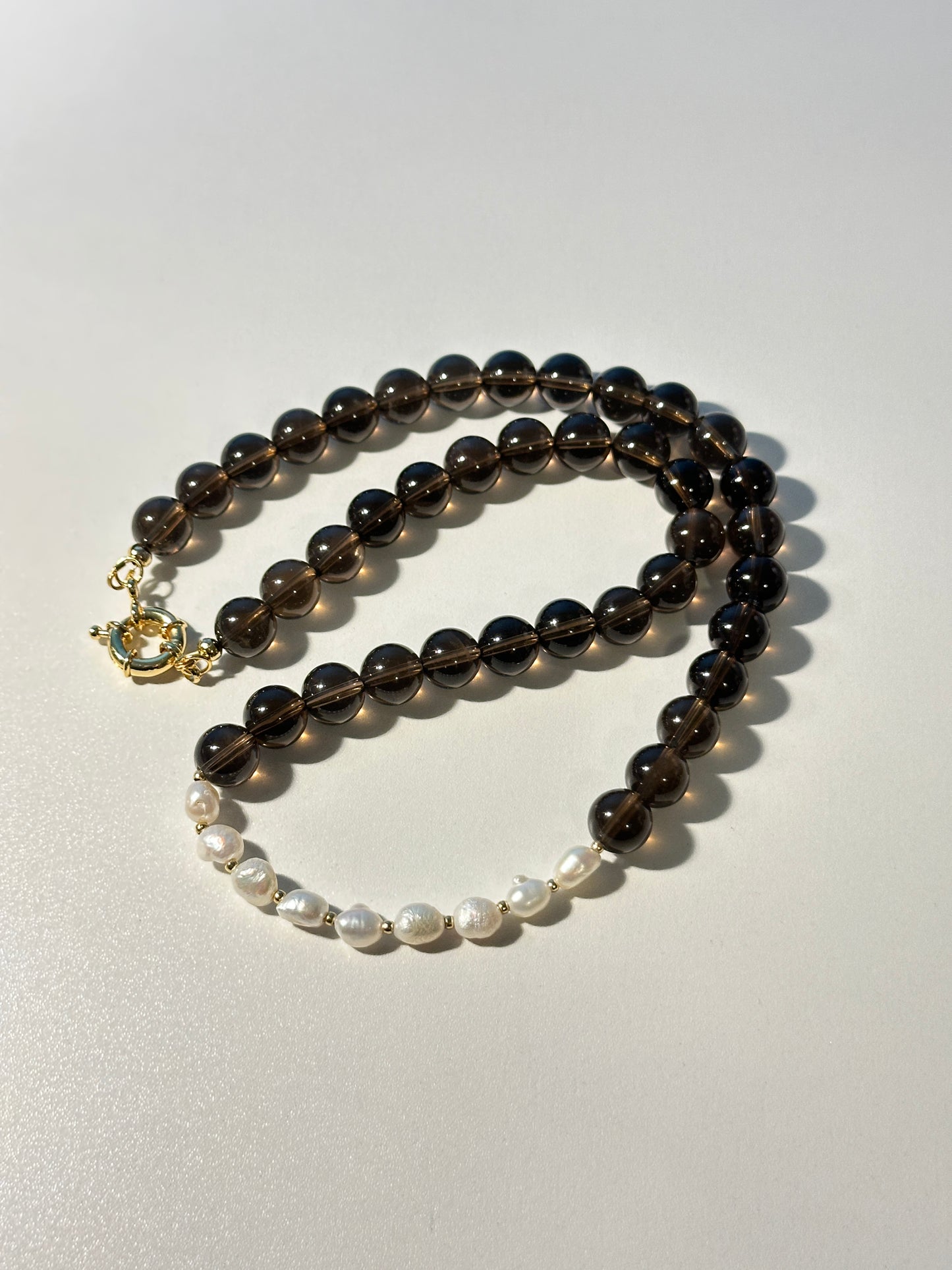 Smoky Quartz Necklace with Gold Sailor Clasp & Freshwater Pearls