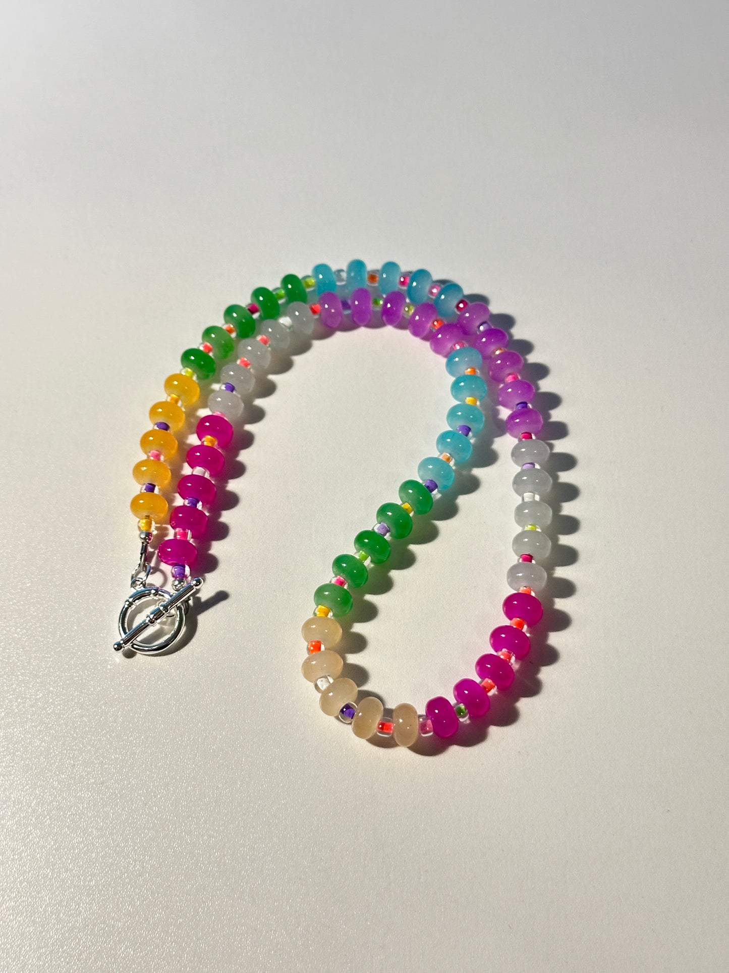 Rainbow Glass Rondelle Necklace – Silver Clasp