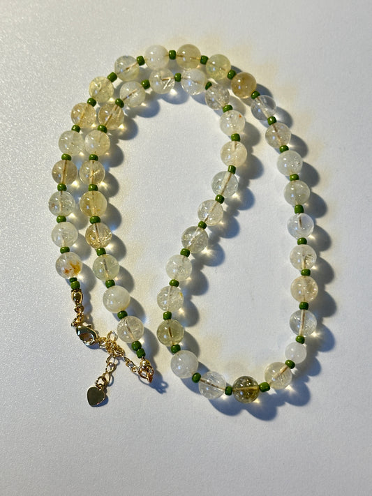 8mm Citrine Round Beads with Green Seed Bead Necklace