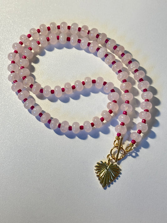 8mm Pink Quartz & Fuchsia Spacers with Small Heart Charm