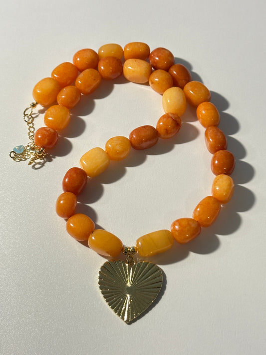 14mm Orange Jade Nugget Beaded Necklace with Gold Plated Large Heart Charm