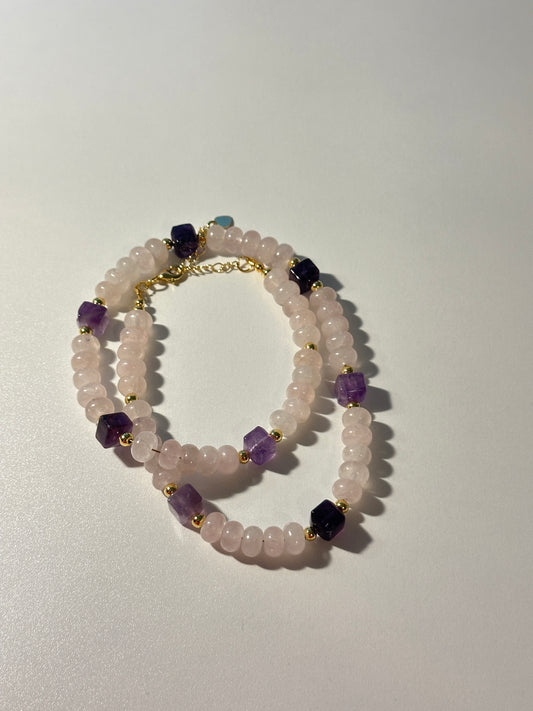 8mm Rose Quartz with 8mm Amethyst Cube Beads