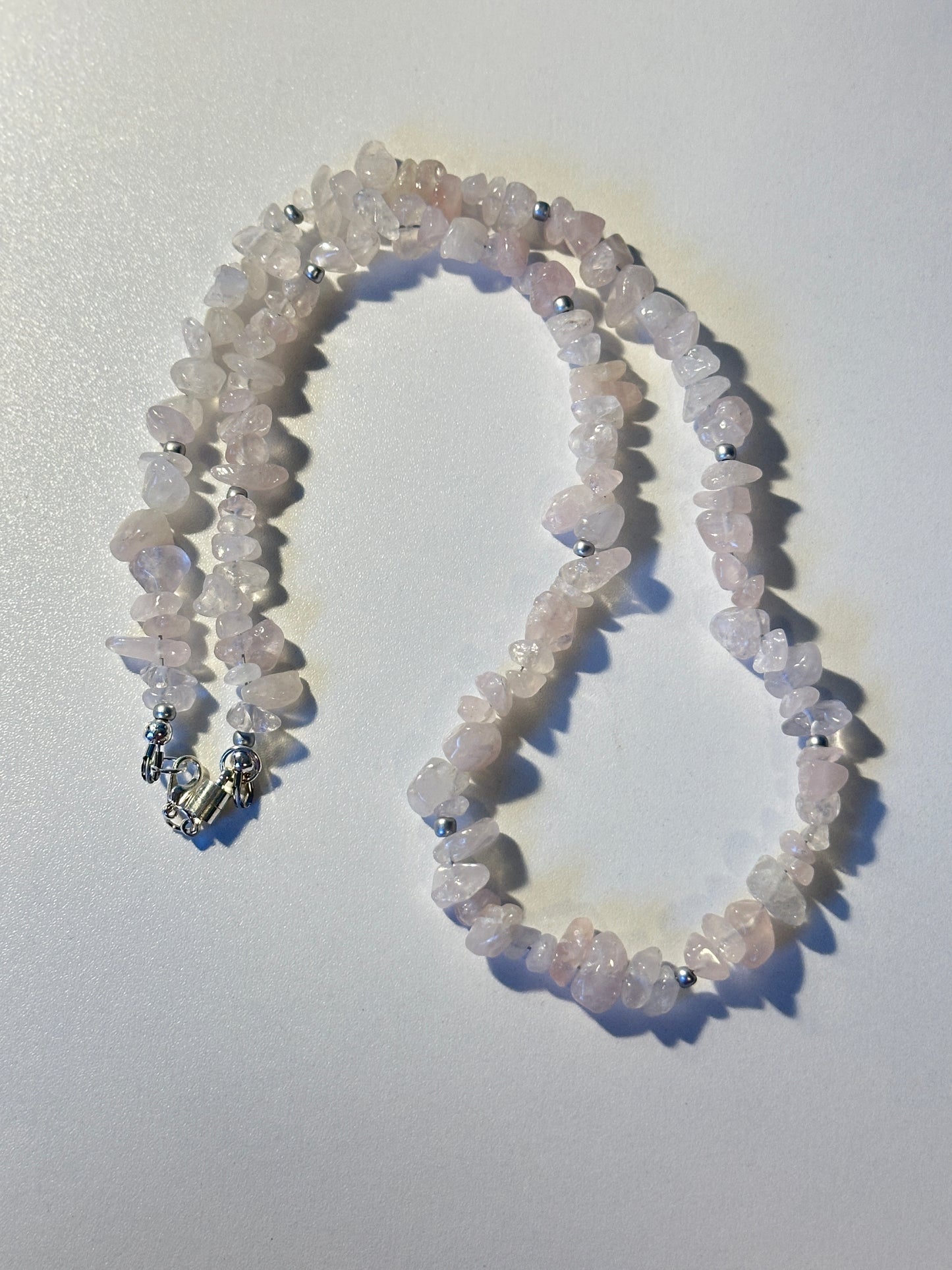 Pink Quartz Chip Bead Necklace with Silver Finish
