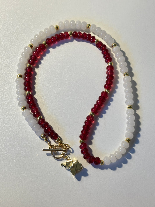 6mm Ruby Red Dyed Jade & 6mm White Jade with Elephant Charm Beaded Necklace