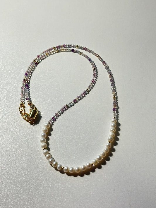 2mm Ombre Fluorite & 4.5mm Freshwater Pearl Necklace