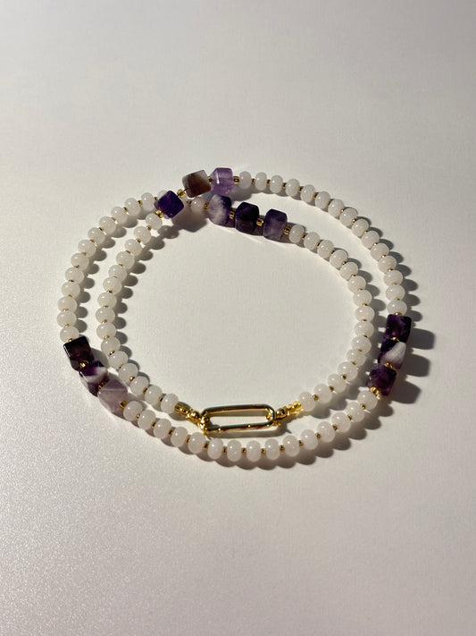 6mm White Jade with 8mm Amethyst Cube Beaded Necklace