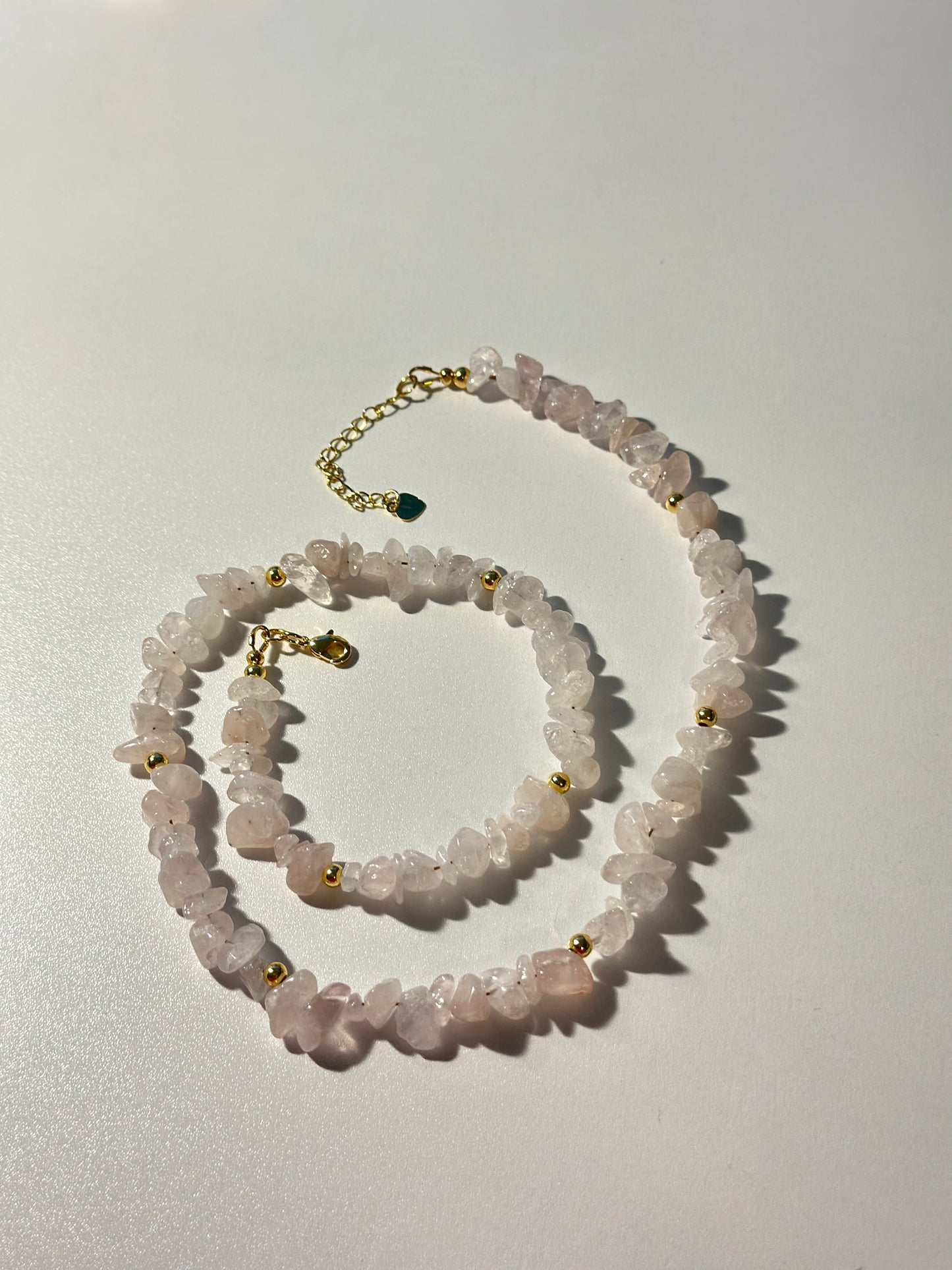 Pink Quartz Chip Bead Necklace with Gold Accents