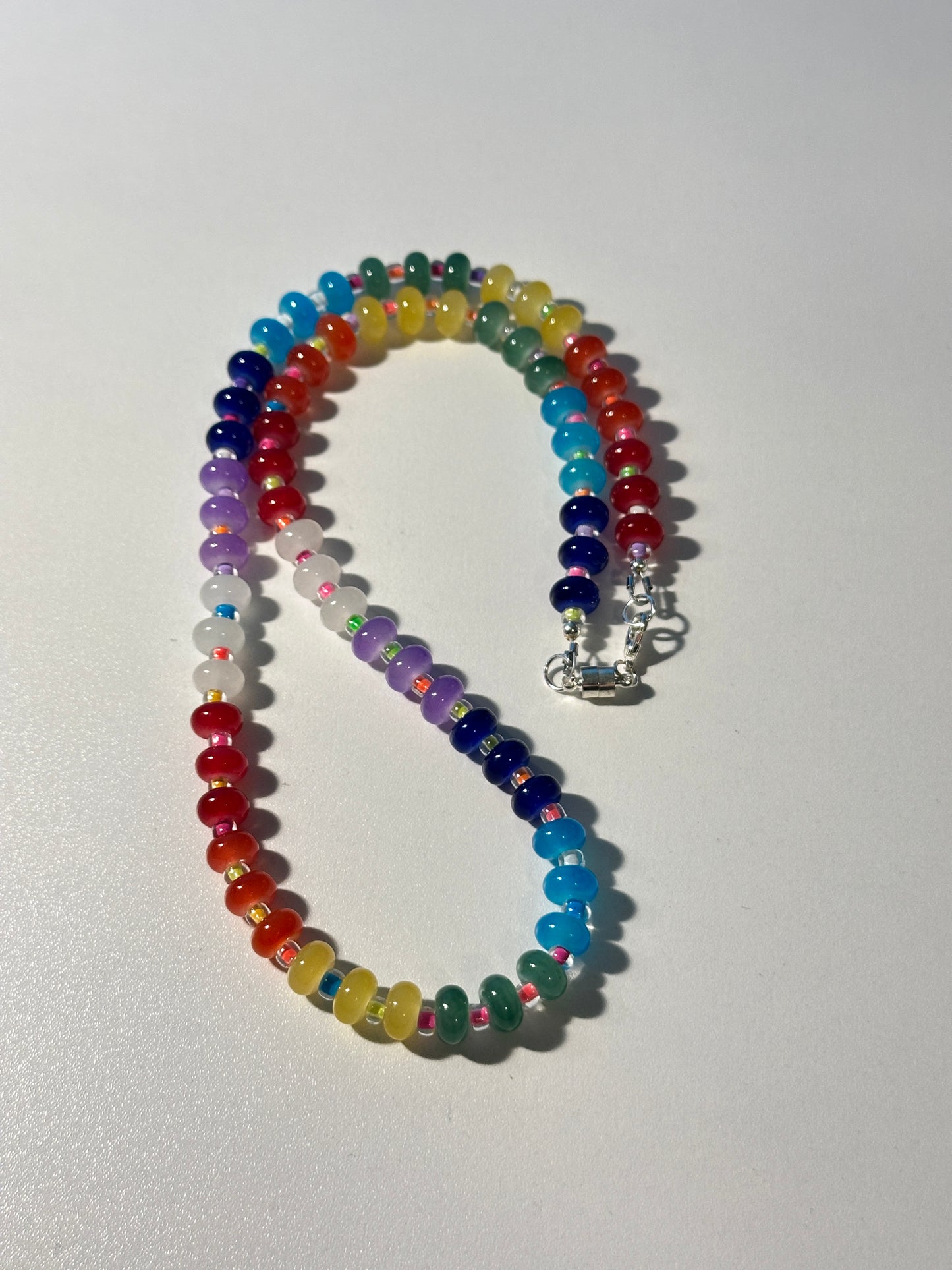 Neon Rainbow Glass Rondelle Necklace – Silver Clasp