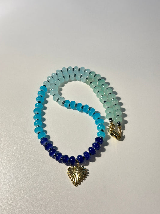 Blue Ombre Glass Rondelle Necklace – Blue Seed Beads, Gold Heart Charm