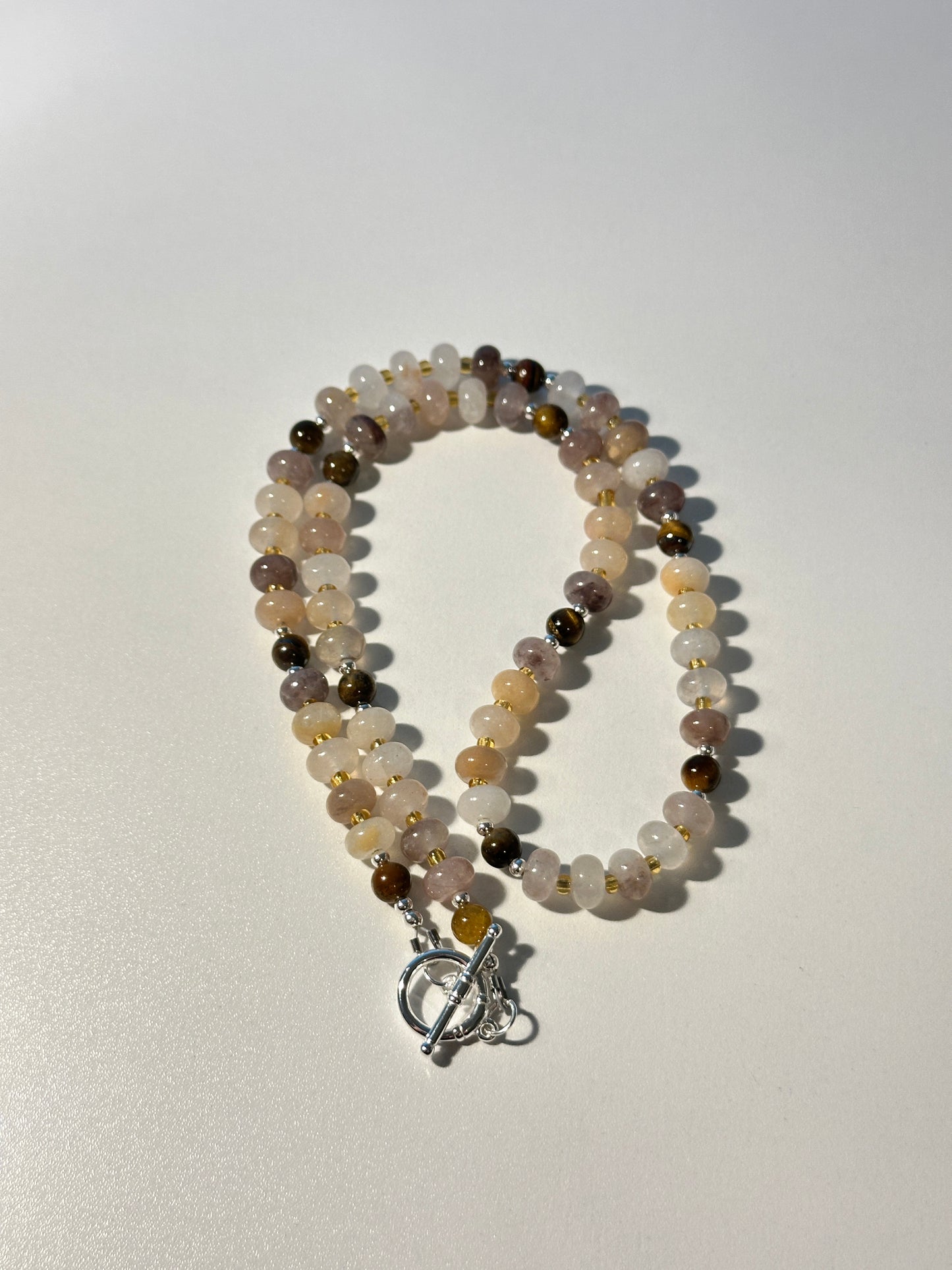 Peru Mixed Dyed Jade & Tiger’s Eye Necklace – Brown & Silver Spacers, Silver Clasp