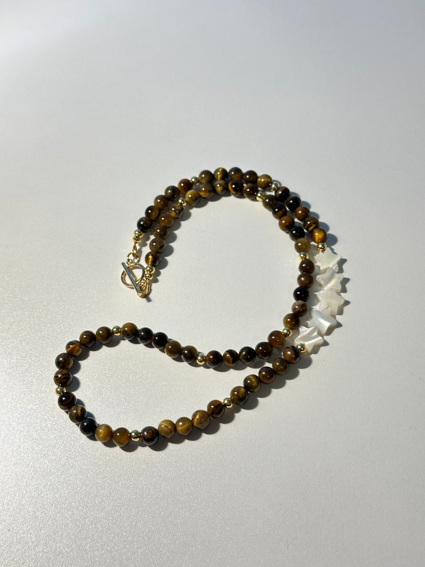 Tiger’s Eye Necklace – Gold Spacers & Star Shell Beads, Gold Toggle Clasp