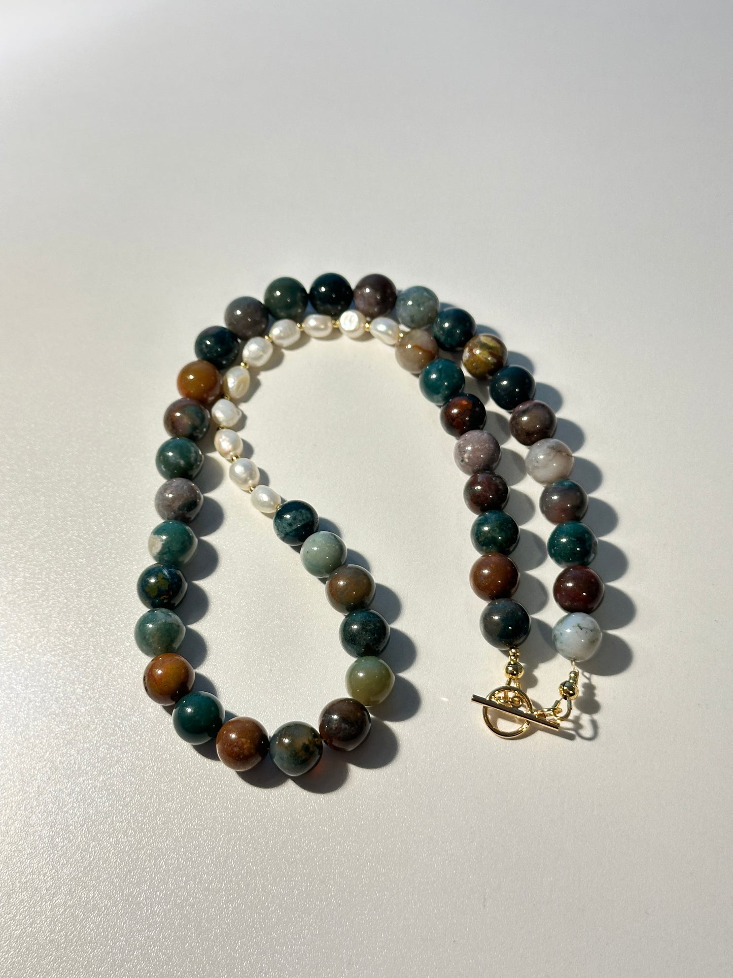 Round Jasper & Freshwater Pearl Necklace – Gold Spacers, Gold Toggle Clasp