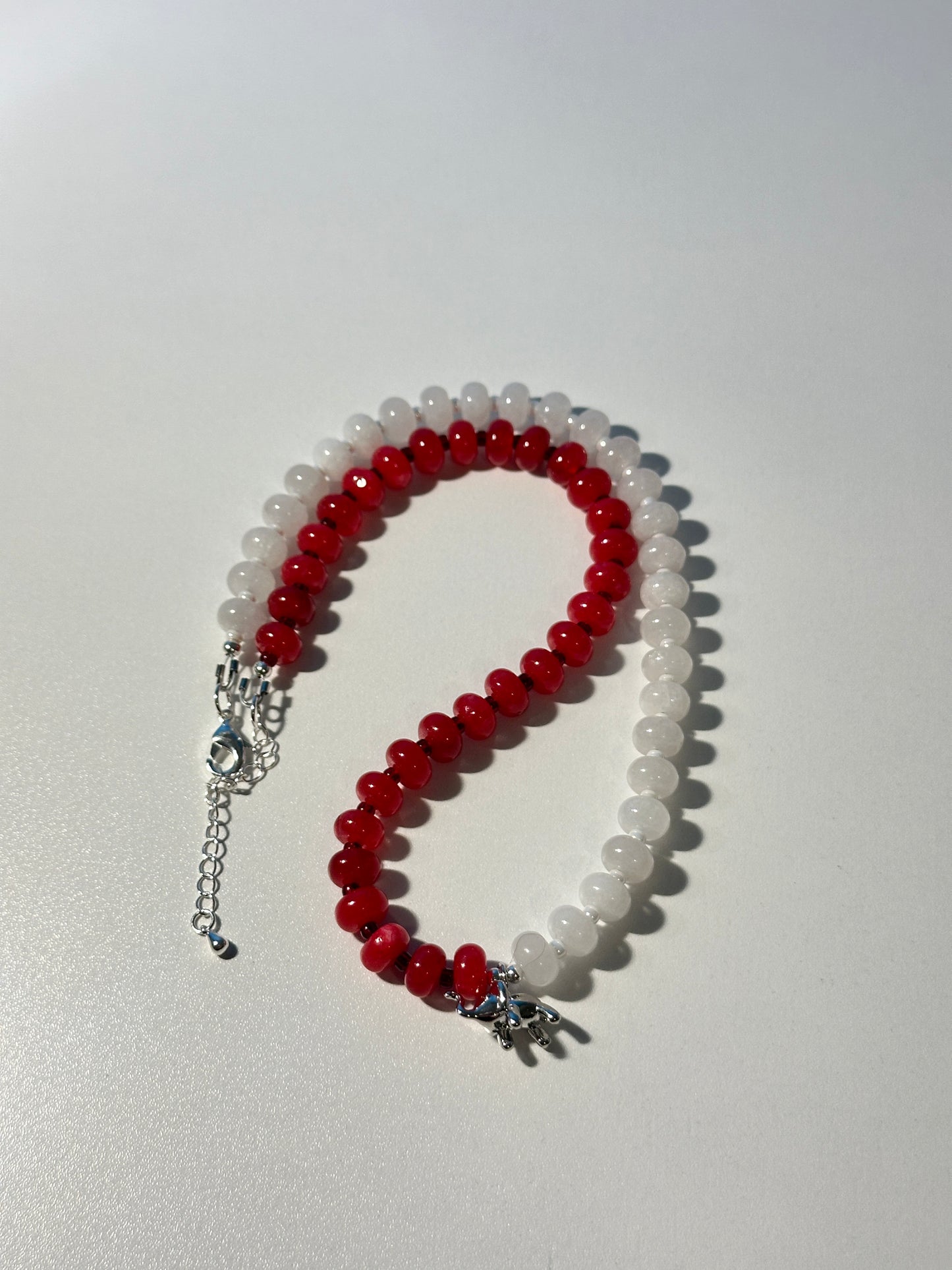 Red & White Jade Necklace – Silver Elephant Charm, Silver Clasp