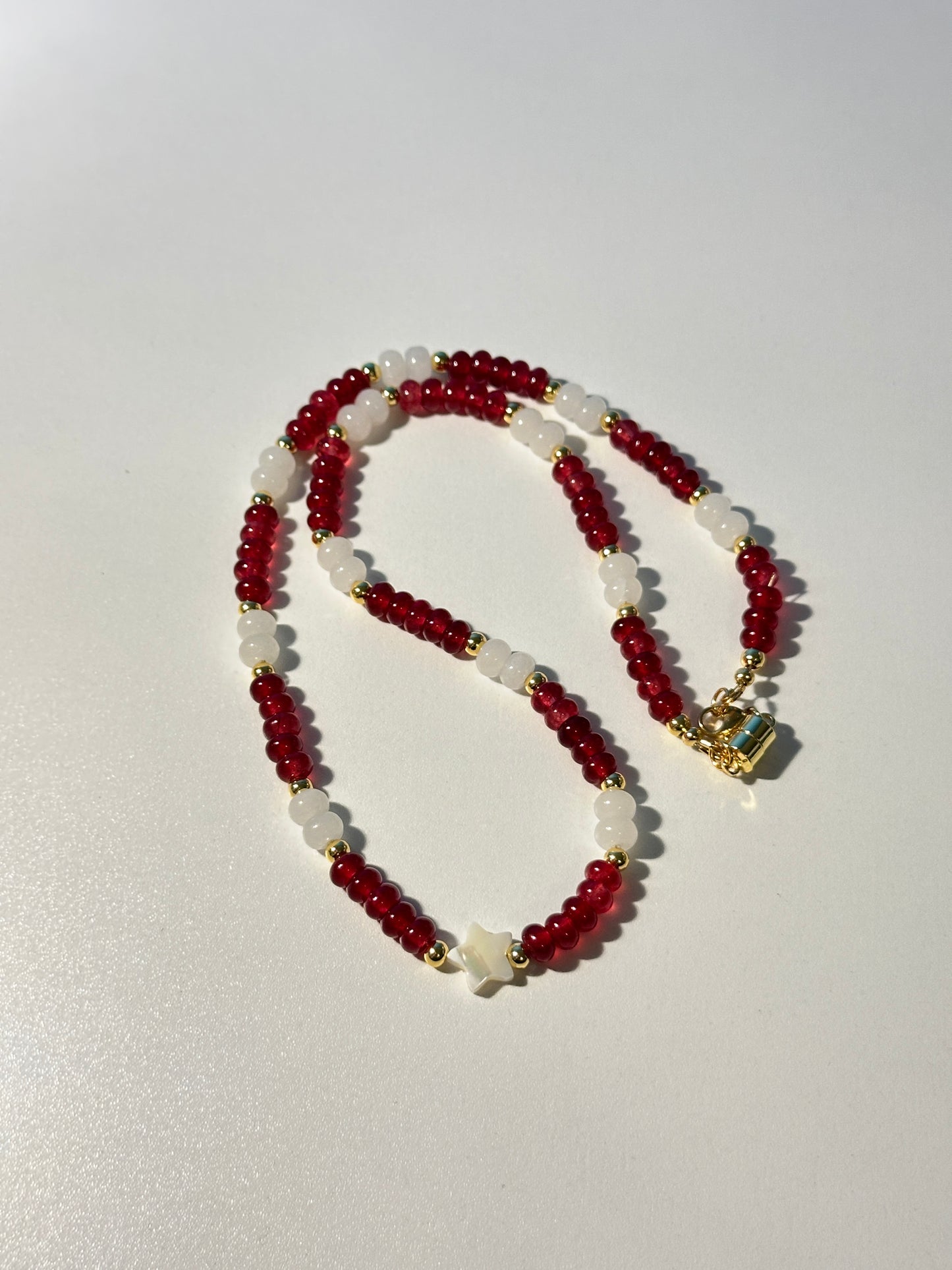 Red & White Jade Necklace – Gold Spacers, Star Shell Bead, Gold Magnetic Clasp
