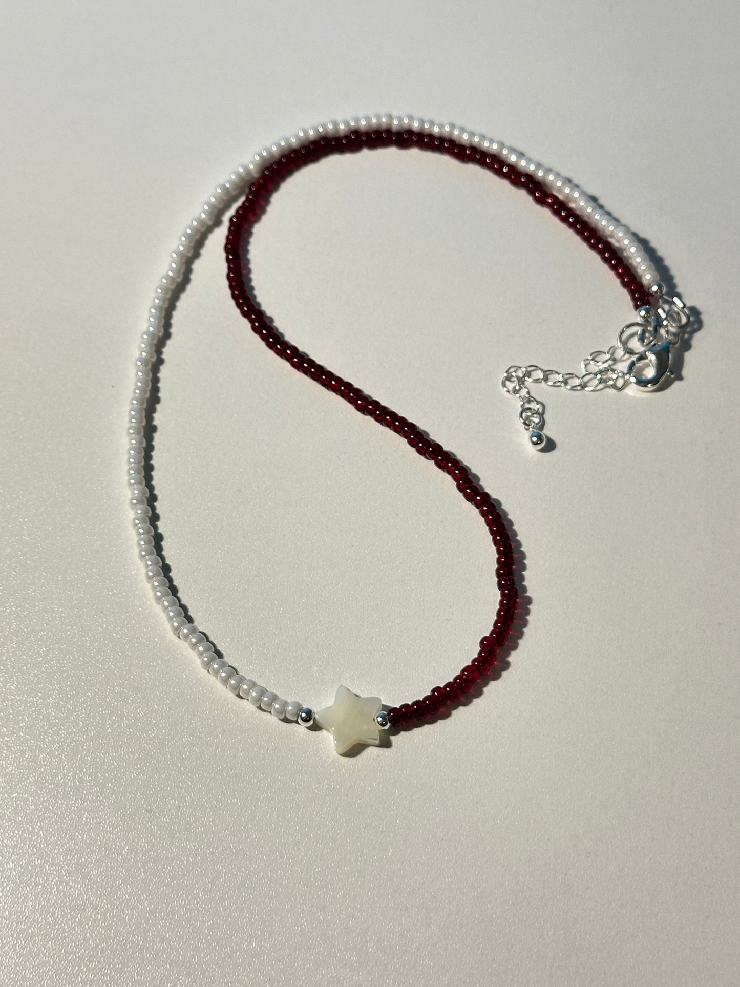 Red & White Seed Bead Necklace – Silver Spacers, Star Shell Bead, Silver Clasp
