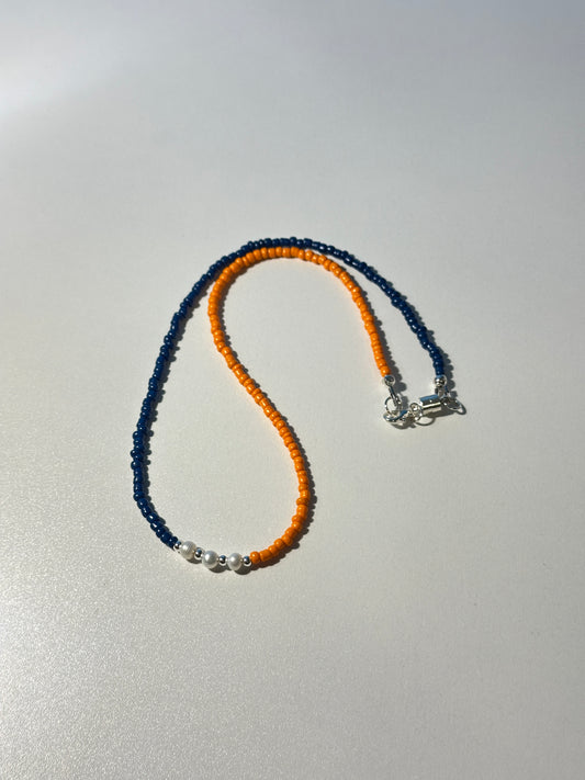 Orange & Blue Seed Bead Necklace – Freshwater Pearls, Silver Magnetic Clasp