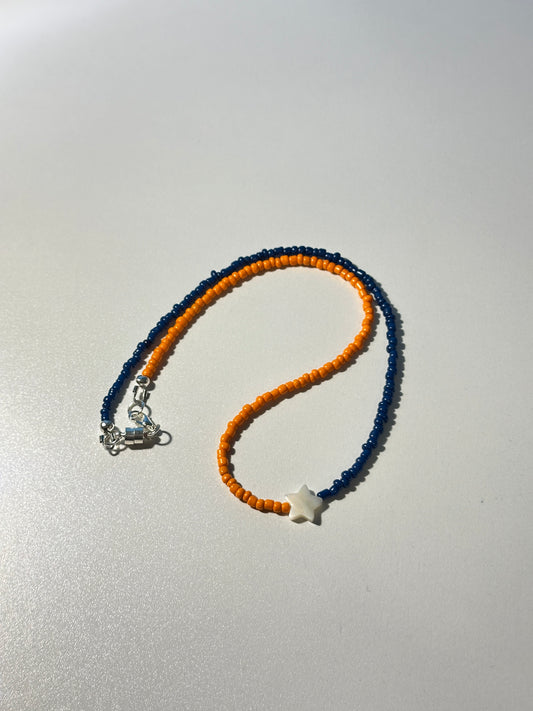 Orange & Blue Seed Bead Necklace – Star Shell Bead, Silver Magnetic Clasp