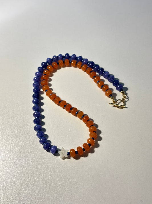 Blue & Orange Jade Necklace – Silver Seed Beads, Star Shell Bead, Silver Clasp