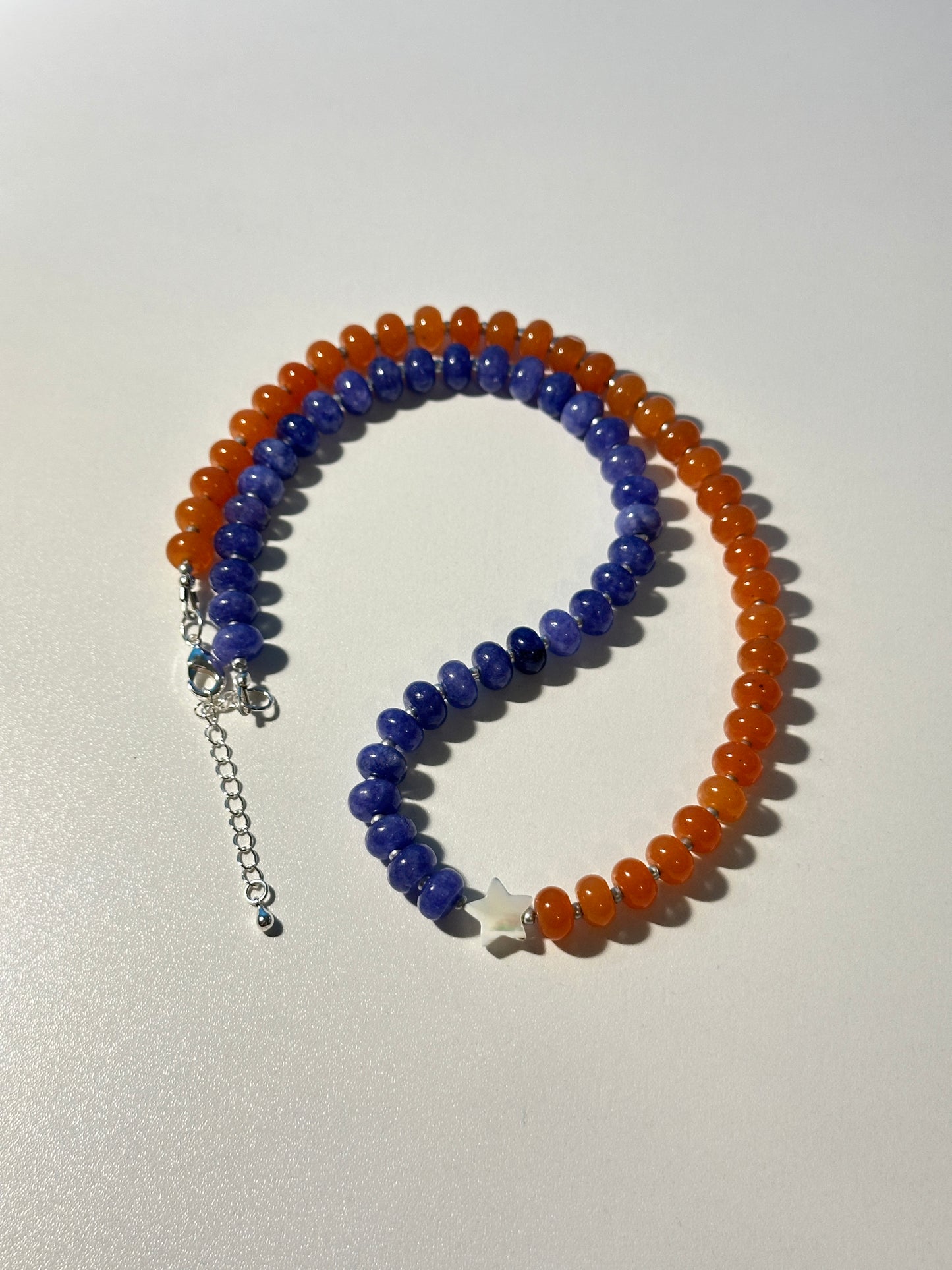 Blue & Orange Jade Necklace – Silver Seed Beads, Star Shell Bead, Silver Clasp