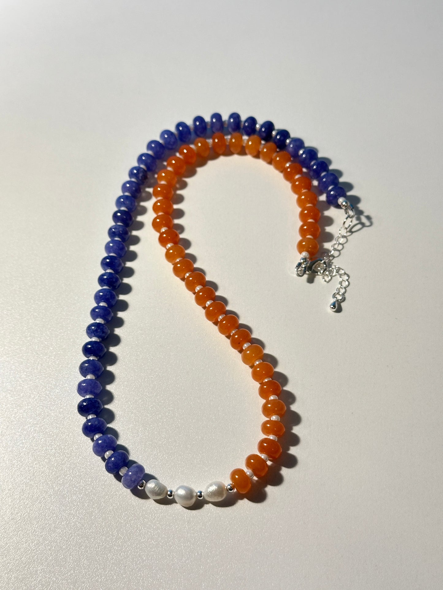 Blue & Orange Jade Necklace – White Seed Beads, Silver Spacers, Freshwater Pearls, Silver Clasp