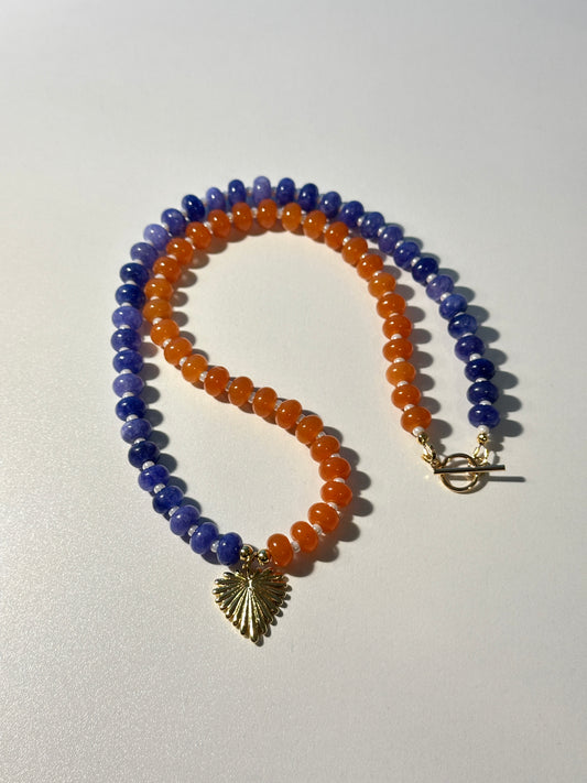Blue & Orange Jade Necklace – Gold Heart Charm, White Spacers, Gold Toggle Clasp