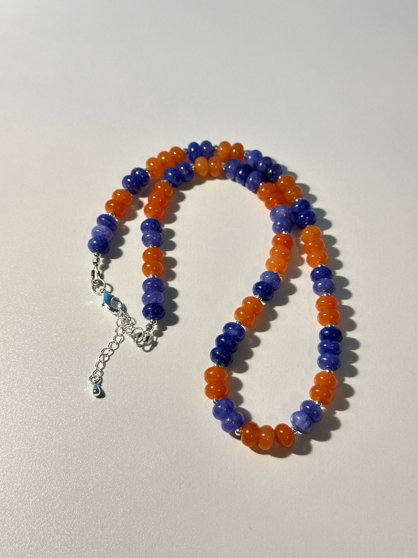 Blue & Orange Jade Necklace – Silver Spacers, Silver Clasp