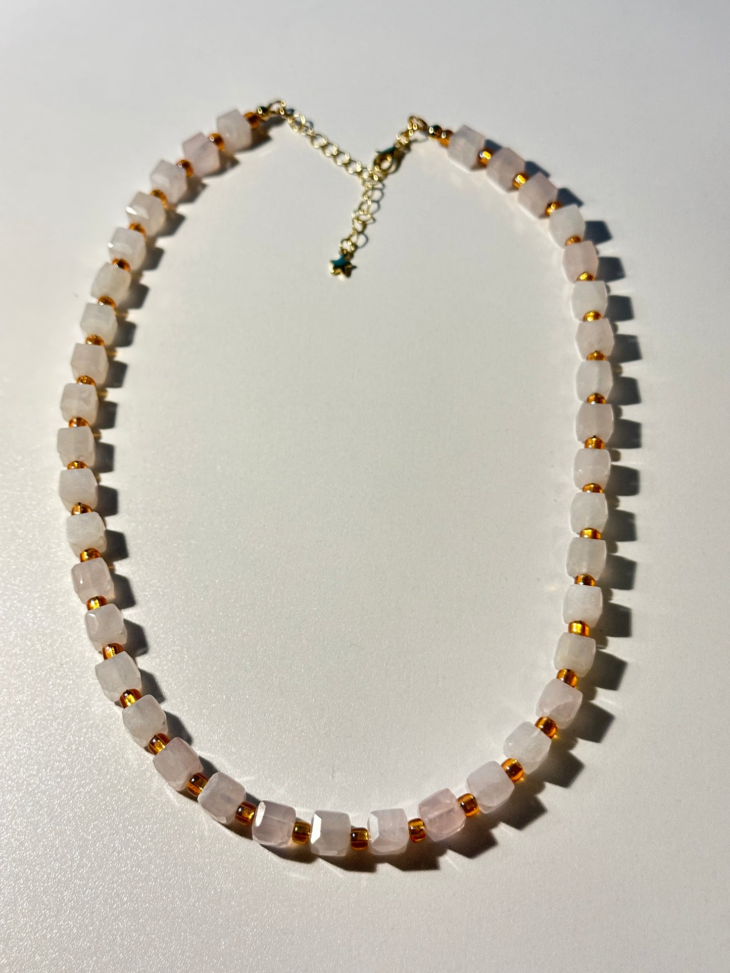Rose Quartz Cube Necklace with Clear Gold Spacers – Gold Clasp