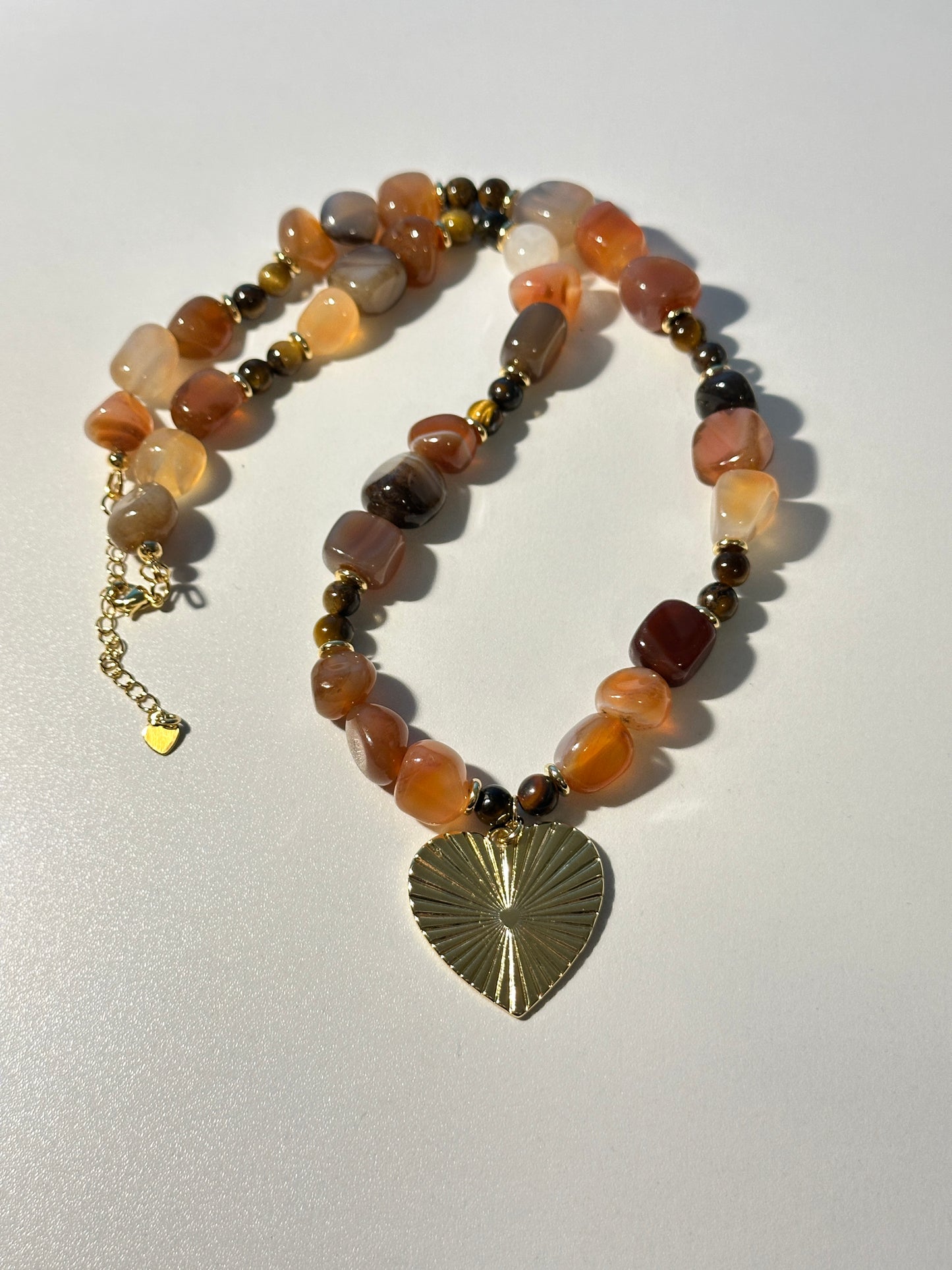 Red Agate & Tiger's Eye Necklace with Gold Heart Pendant