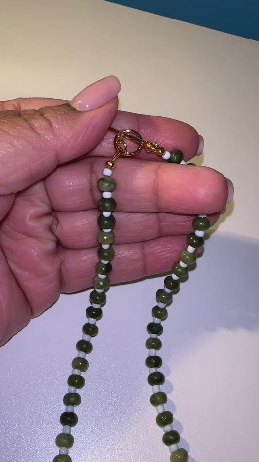 6mm White Jade & Olivine Jade with Light Blue Seed Bead Spacers