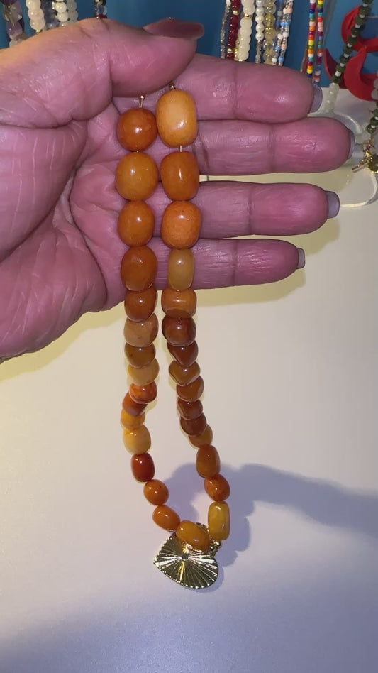 14mm Orange Jade Nugget Beaded Necklace with Gold Plated Large Heart Charm