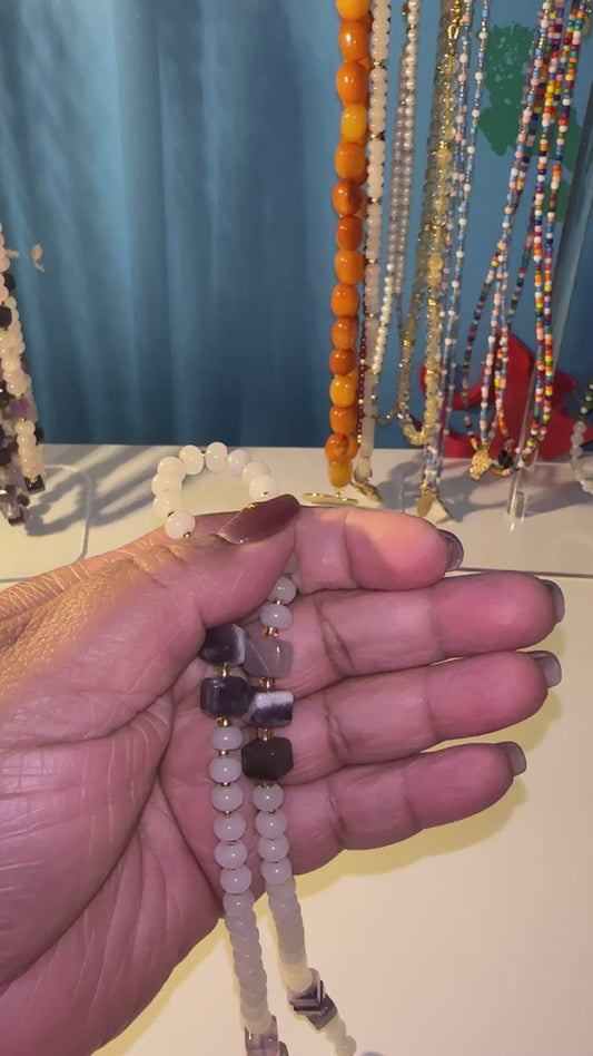 6mm White Jade with 8mm Amethyst Cube Beaded Necklace